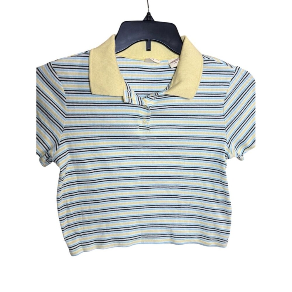Y2K Levi's Jeni Cropped Ribbed Polo Shirt Blue and Yellow Stripe Size Large